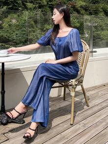 DAZY Puff Sleeve Button Front Blouse & Wide Leg Trousers - Blue - View 3