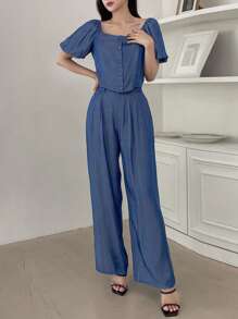 DAZY Puff Sleeve Button Front Blouse & Wide Leg Trousers - Blue - View 5