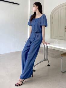 DAZY Puff Sleeve Button Front Blouse & Wide Leg Trousers - Blue - View 6
