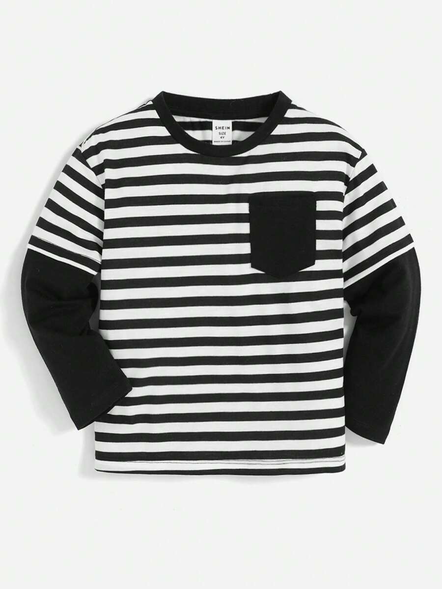 SHEIN Áo phông in hình và sọc phóng khoáng có túi vá và thiết kế 2 trong 1, thích hợp cho mùa thu đông dành cho các chàng trai trẻ - Đen và trắng - Xem 1