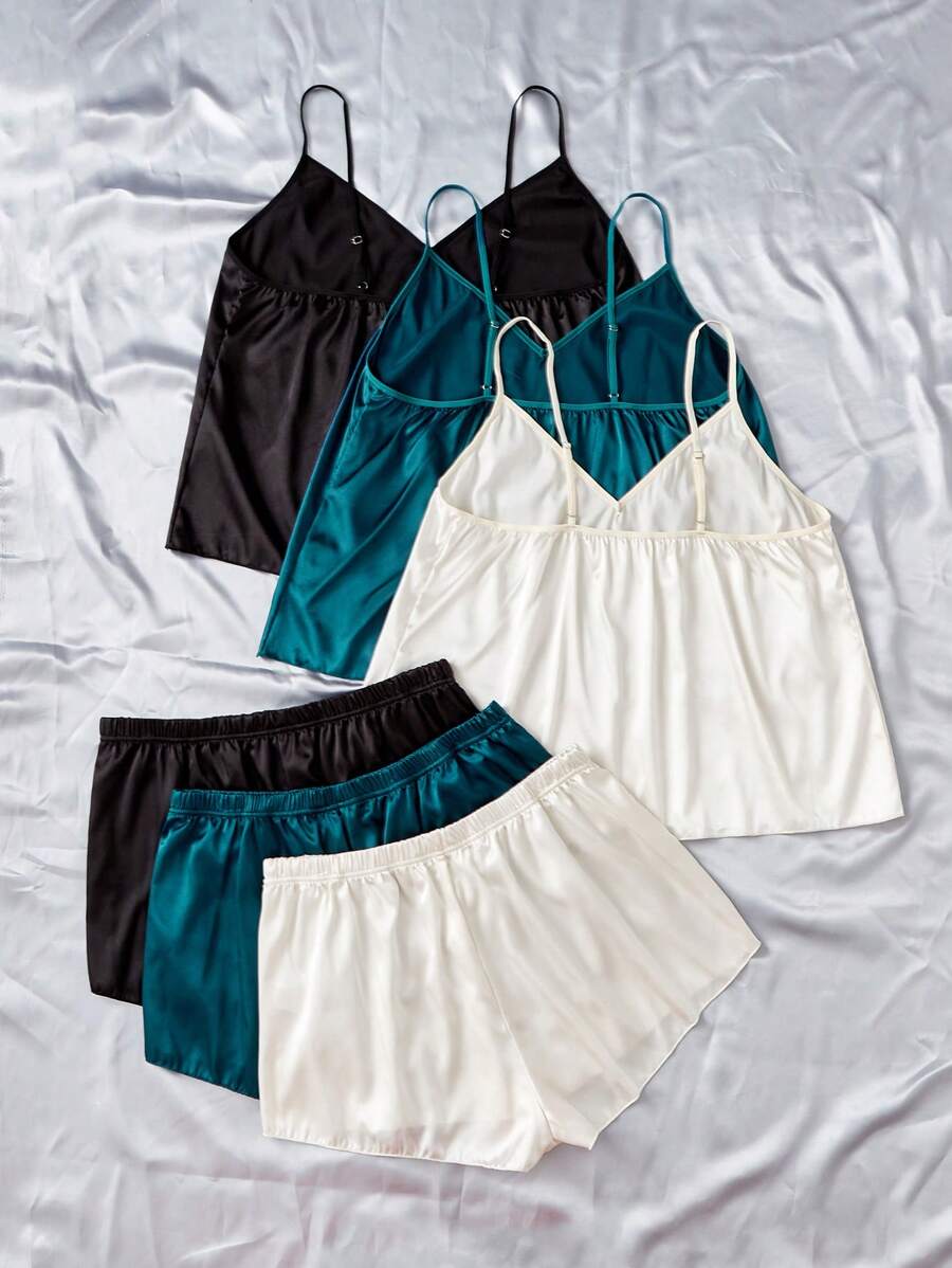 Plus 3pcs Solid Satin PJ Set / Pajama Set SHEIN USA