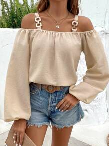 SHEIN VCAY Chất rắn Vai lạnh Tay áo lồng đèn Chi tiết chuỗi Áo sơ mi - Màu be - Xem 1