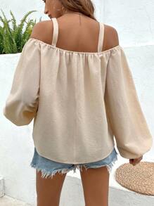 SHEIN VCAY Chất rắn Vai lạnh Tay áo lồng đèn Chi tiết chuỗi Áo sơ mi - Màu be - Xem 2