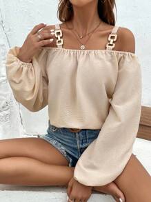 SHEIN VCAY Chất rắn Vai lạnh Tay áo lồng đèn Chi tiết chuỗi Áo sơ mi - Màu be - Xem 4