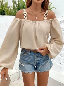 SHEIN VCAY Chất rắn Vai lạnh Tay áo lồng đèn Chi tiết chuỗi Áo sơ mi - Màu be - Xem 3