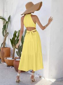 SHEIN Frenchy Solid Ruffle Hem Halter Dress Summer Casual - Yellow - View 2