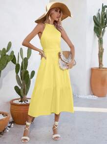 SHEIN Frenchy Solid Ruffle Hem Halter Dress Summer Casual - Yellow - View 3