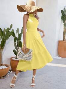 SHEIN Frenchy Solid Ruffle Hem Halter Dress Summer Casual - Yellow - View 4