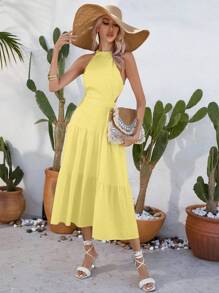SHEIN Frenchy Solid Ruffle Hem Halter Dress Summer Casual - Yellow - View 6