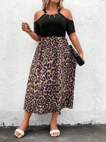 SHEIN LUNE Plus Leopard Print Cold Shoulder Dress - Multicolor - View 5
