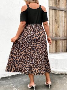 SHEIN LUNE Plus Leopard Print Cold Shoulder Dress - Multicolor - View 2