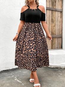 SHEIN LUNE Plus Leopard Print Cold Shoulder Dress - Multicolor - View 3