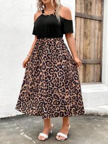 SHEIN LUNE Plus Leopard Print Cold Shoulder Dress - Multicolor - View 4