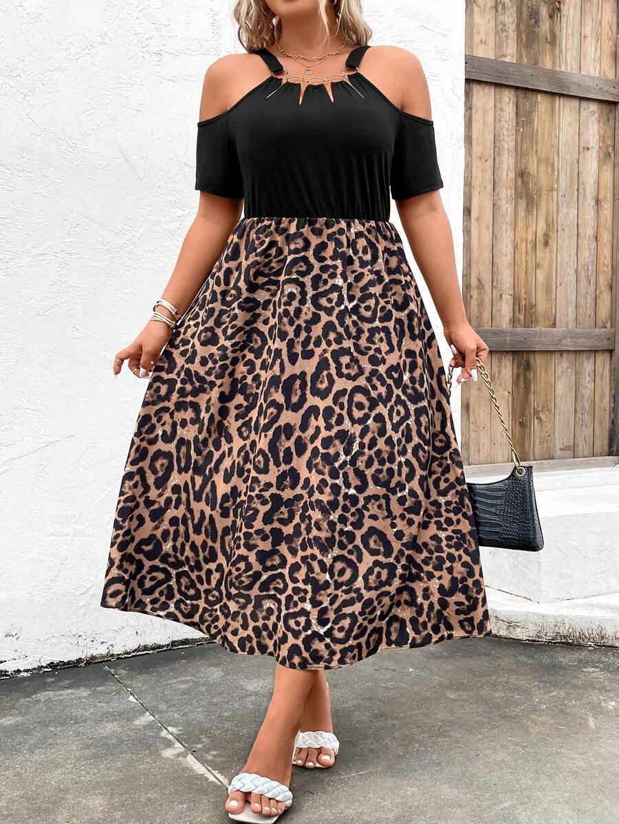 SHEIN LUNE Plus Leopard Print Cold Shoulder Dress - Multicolor - View 1