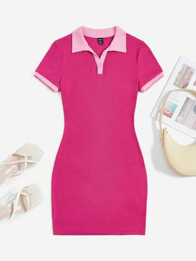 SHEIN EZwear 拼接邊Polo領緊身連衣裙