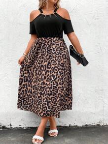 SHEIN LUNE Plus Leopard Print Cold Shoulder Dress - Multicolor - View 7