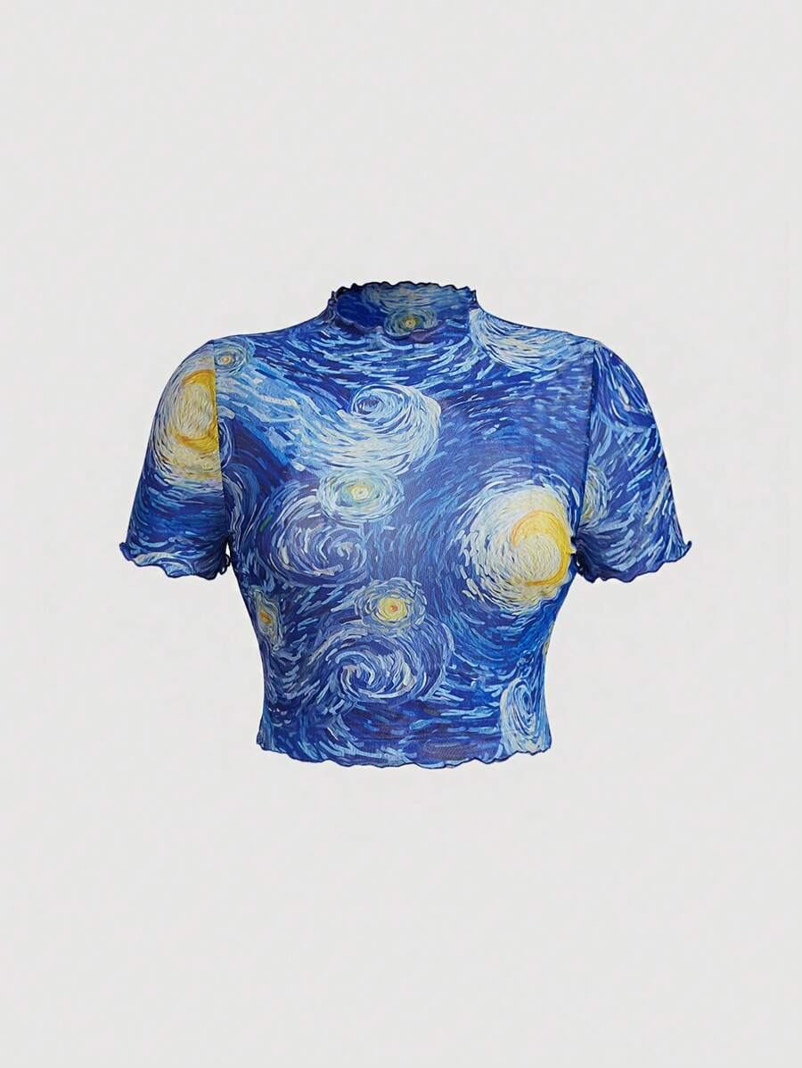 SHEIN MOD 大碼星夜印花木耳邊T恤