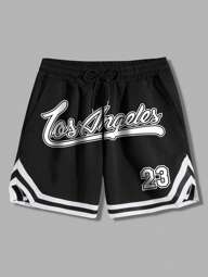 Short ample pour hommes avec graphique de lettre, détail rayé, taille élastique avec cordon de serrage, basketball Los Angeles noir