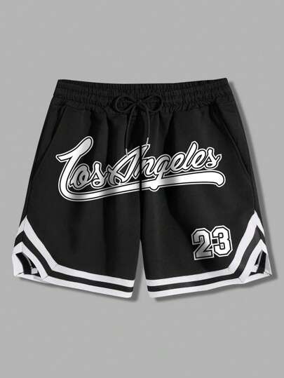 Short ample pour hommes avec graphique de lettre, détail rayé, taille élastique avec cordon de serrage, basketball Los Angeles noir