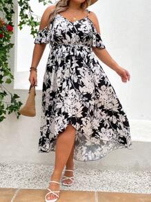SHEIN LUNE Plus Floral Print Cold Shoulder Wrap Hem Belted Dress - Black and White - View 1