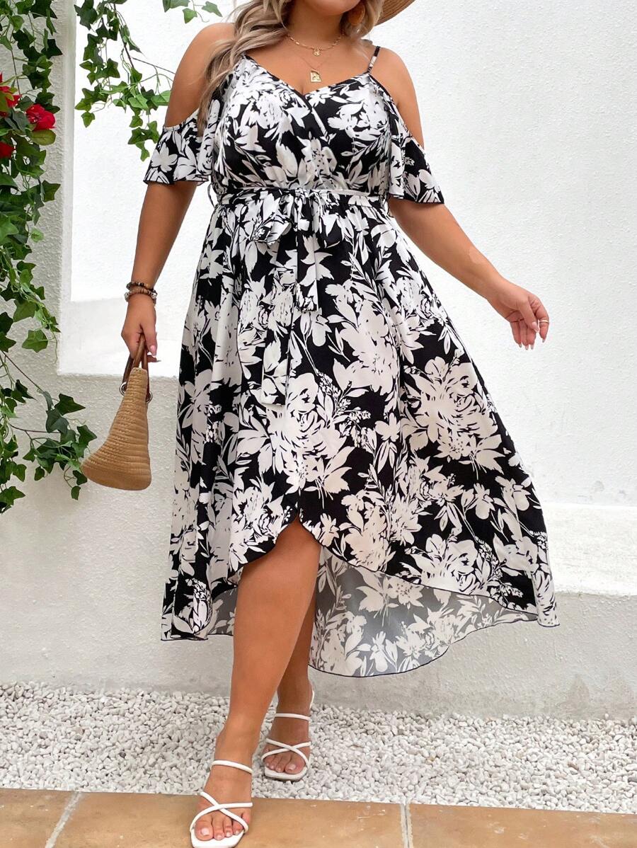 SHEIN LUNE Plus Floral Print Cold Shoulder Wrap Hem Belted Dress - Black and White - View 1