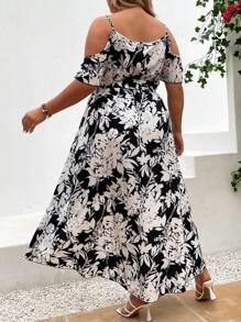 SHEIN LUNE Plus Floral Print Cold Shoulder Wrap Hem Belted Dress - Black and White - View 2