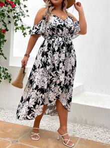 SHEIN LUNE Plus Floral Print Cold Shoulder Wrap Hem Belted Dress - Black and White - View 5