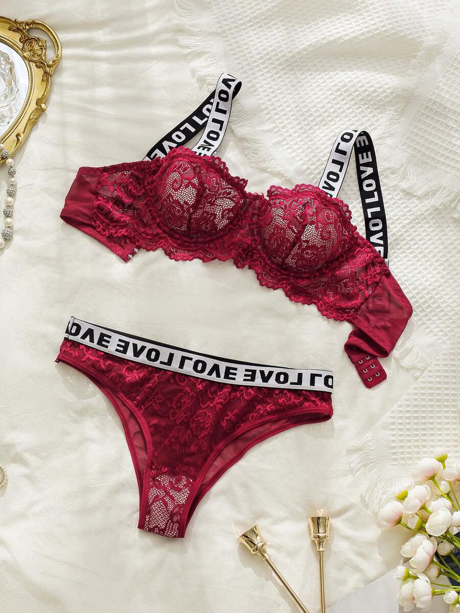 SHEIN Set de lencería con encaje floral con cinta con letra - Burdeos - Ver 1