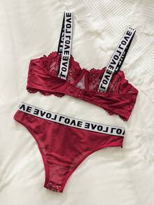 SHEIN Set de lencería con encaje floral con cinta con letra - Burdeos - Ver 2