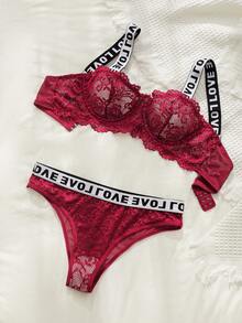 SHEIN Set de lencería con encaje floral con cinta con letra - Burdeos - Ver 4