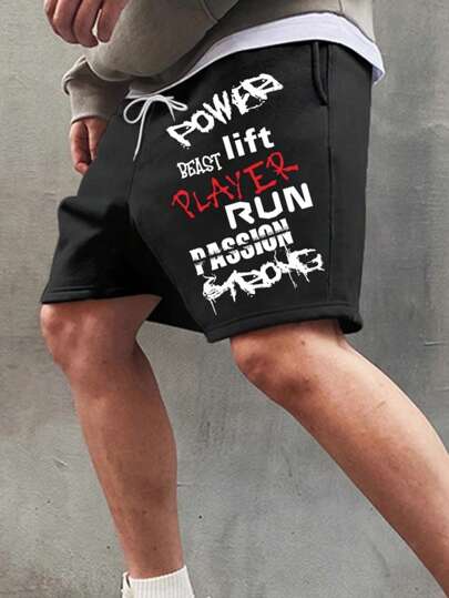 Street Sport 男士字母图案抽绳腰运动短裤黑色运动裤