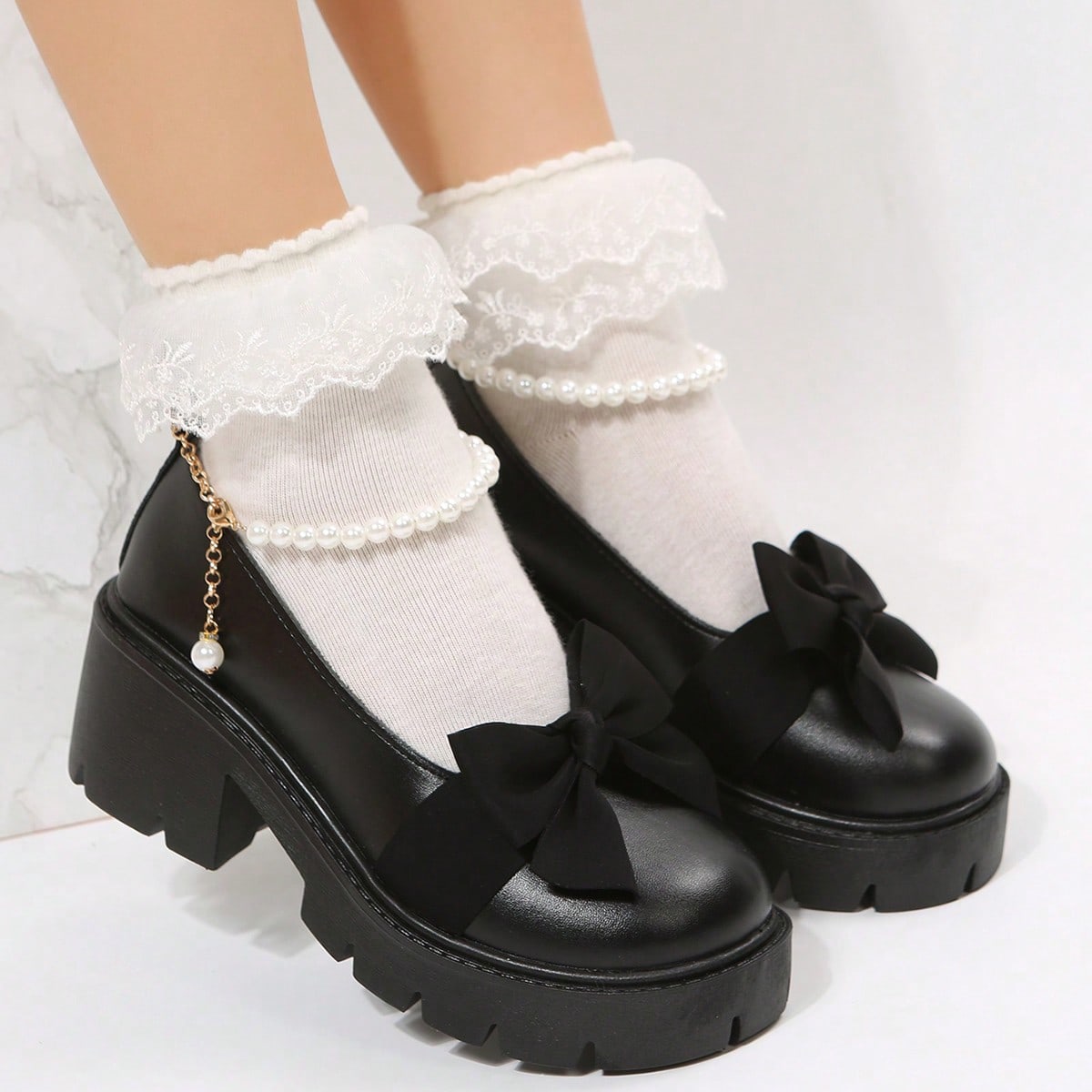 Zapatos con tira de tobillo estilo preppy para mujer, zapatos de plataforma con cuña y decoración de lazo y perla falsa, Mary Janes para San Valent?