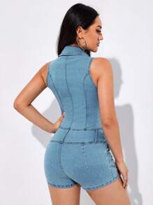 SHEIN Essnce 拉鏈開襟腰帶牛仔連體短褲 - 中等水洗藍 - 查看 2