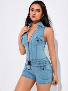 SHEIN Essnce 拉鏈開襟腰帶牛仔連體短褲 - 中等水洗藍 - 查看 5