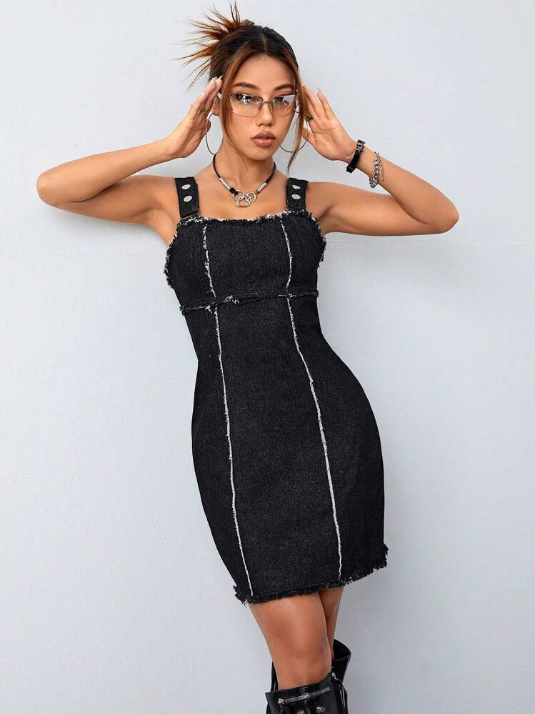 SHEIN ICON Raw Trim Denim Dress - Black - View 1