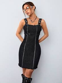 SHEIN ICON 毛邊緣牛仔裙 - 黑色 - 查看 3