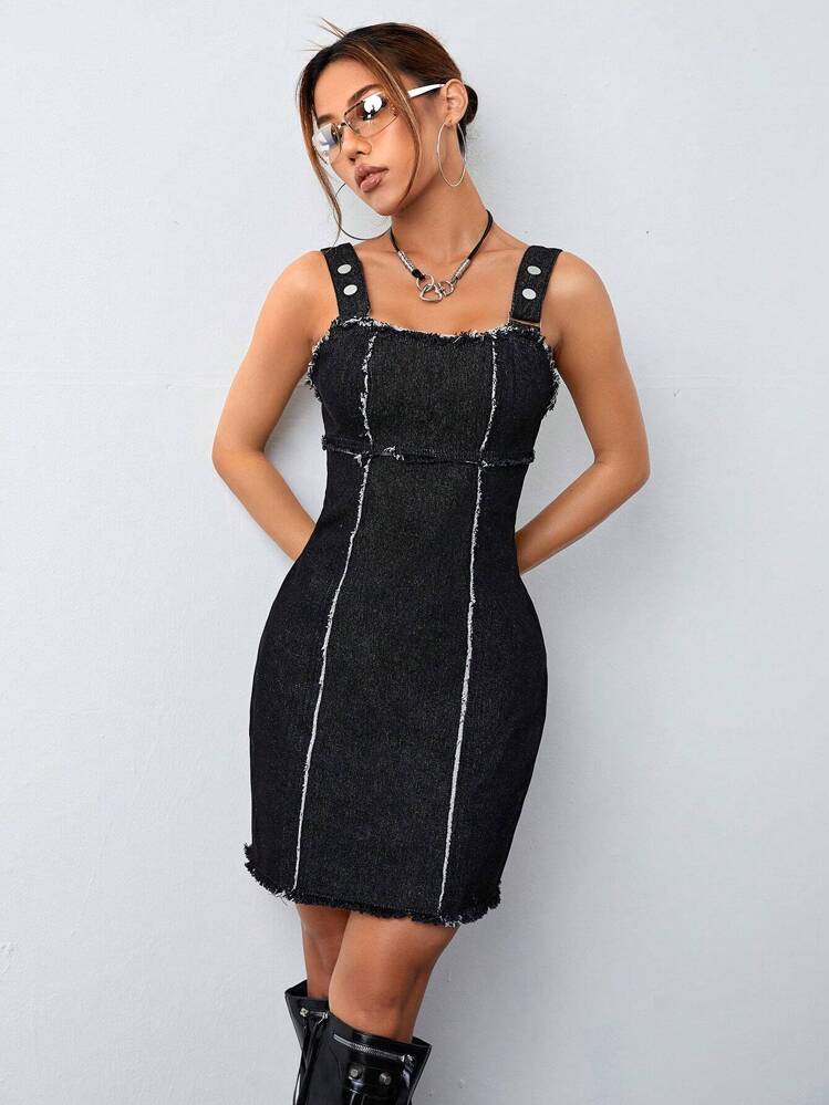 SHEIN ICON Raw Trim Denim Dress - Black - View 3