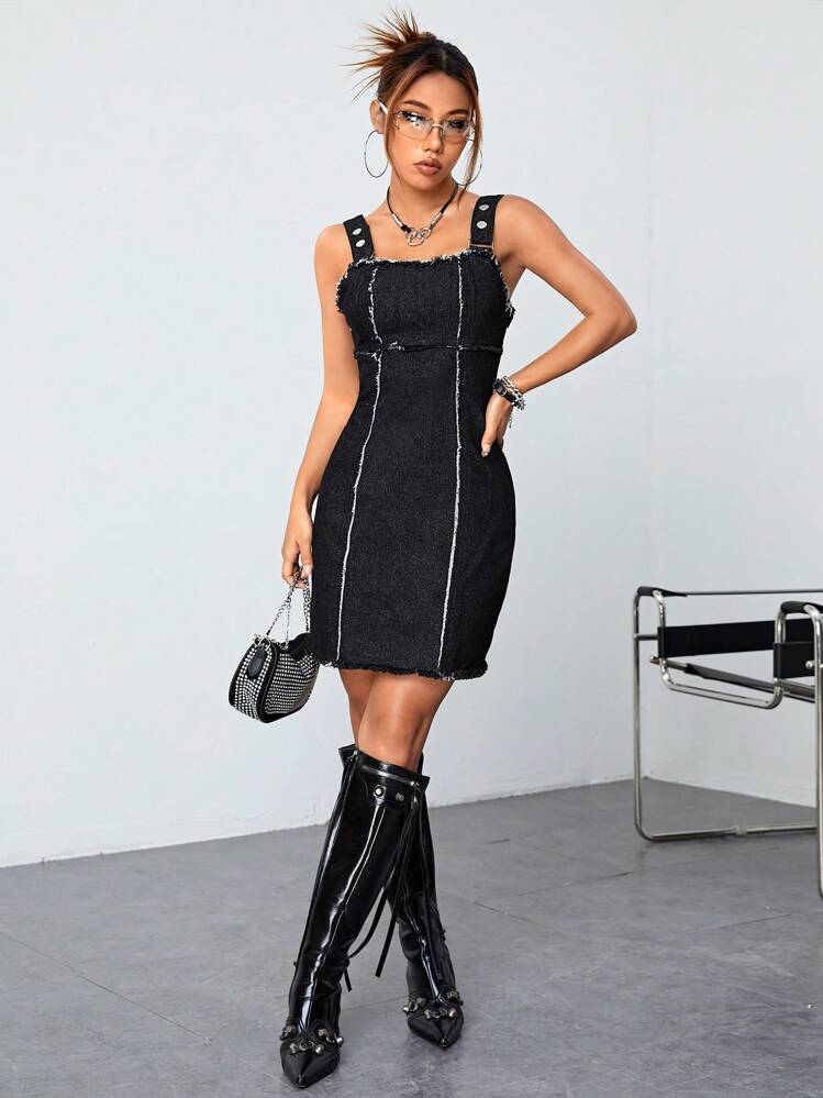 SHEIN ICON Raw Trim Denim Dress - Black - View 6