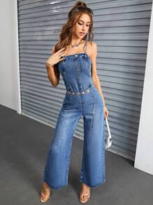 SHEIN Privé Pocket Patched Wide Leg Denim Jumpsuit Without Belt - Medium Wash - View 1
