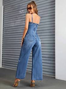 SHEIN Privé Pocket Patched Wide Leg Denim Jumpsuit Without Belt - Medium Wash - View 2