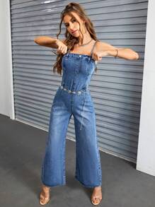 SHEIN Privé Pocket Patched Wide Leg Denim Jumpsuit Without Belt - Medium Wash - View 3