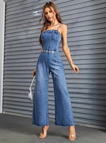 SHEIN Privé Pocket Patched Wide Leg Denim Jumpsuit Without Belt - Medium Wash - View 4