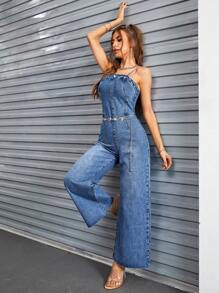 SHEIN Privé Pocket Patched Wide Leg Denim Jumpsuit Without Belt - Medium Wash - View 5