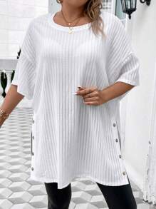 Calvaya Hơn Thả vai Chi tiết Nút Viền chia cắt Áo thun - trắng - Xem 4