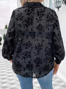Celure Plus Floral Print Lantern Sleeve Shirt - Black - View 2