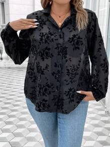 Celure Plus Floral Print Lantern Sleeve Shirt - Black - View 1