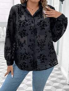 Celure Plus Floral Print Lantern Sleeve Shirt - Black - View 3