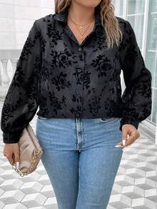 Celure Plus Floral Print Lantern Sleeve Shirt - Black - View 6