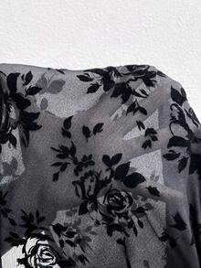 Celure Plus Floral Print Lantern Sleeve Shirt - Black - View 8
