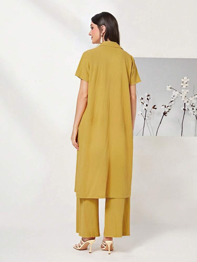 100% Cotton Lapel Neck Dual Pocket Coat & Wide Leg Pants Without Cami Top